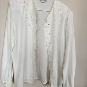 Elegant White Blouse with Embroidered Yoke - Classic Women's Top